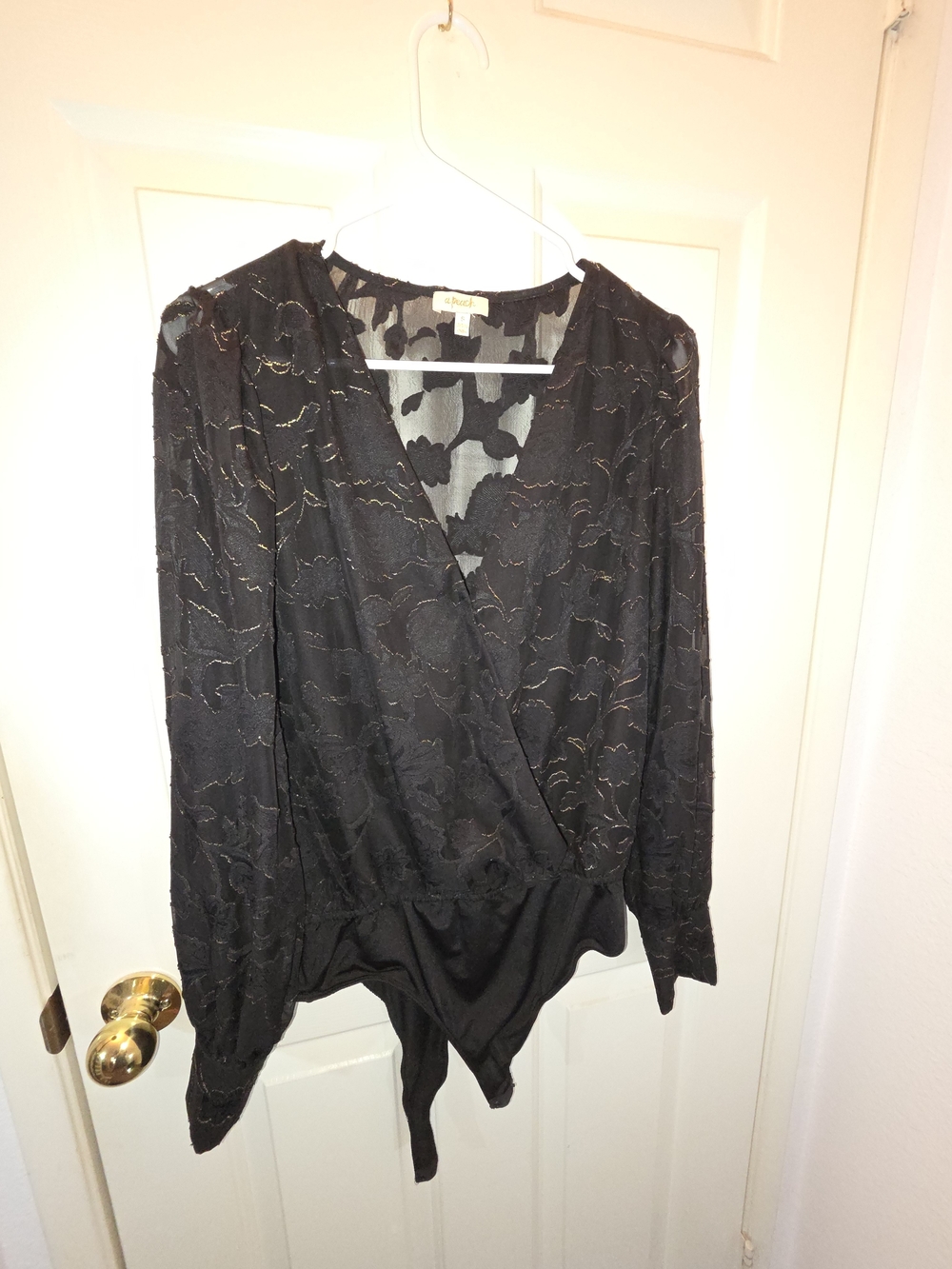 Black Lace Surplice Long-Sleeve Bodysuit